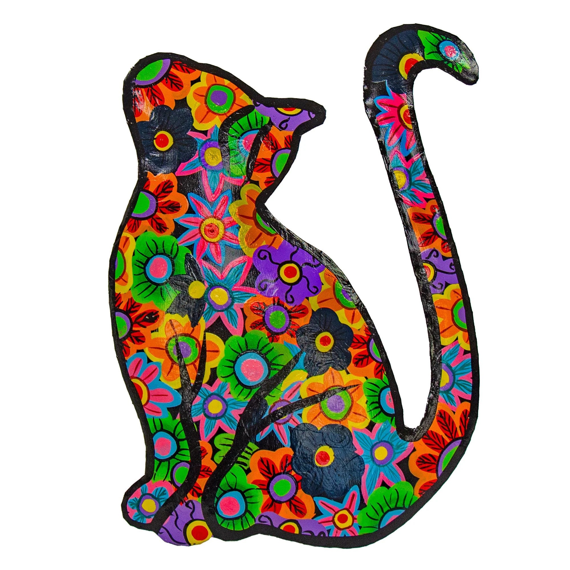 A colorful metal wall art in the shape of a cat with floral patterns, crafted from recycled steel drums.