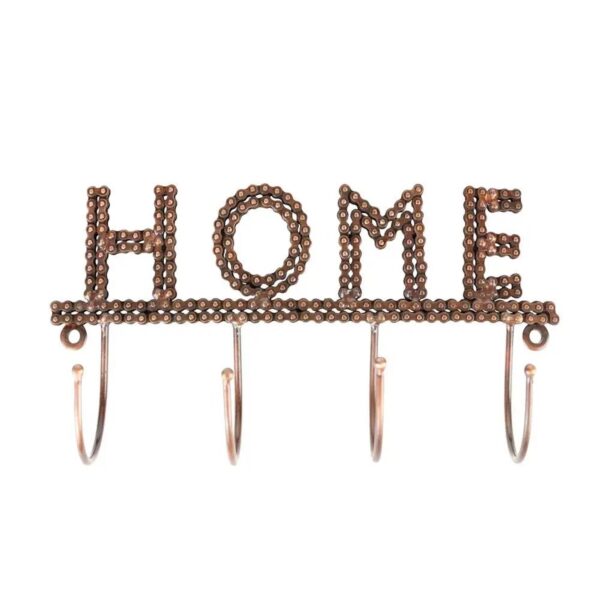 A wall-mounted bike chain hook rack with the word 'HOME' crafted from iron chains, featuring four hooks beneath it