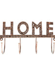 A wall-mounted bike chain hook rack with the word 'HOME' crafted from iron chains, featuring four hooks beneath it