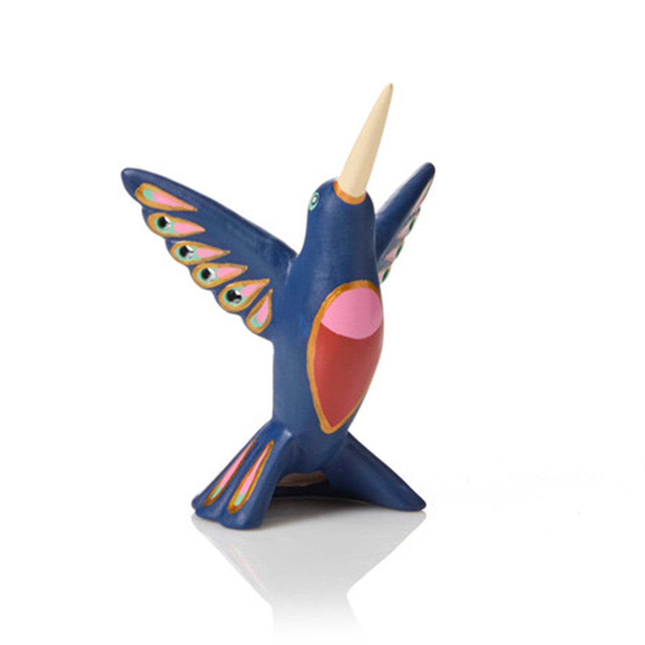 Colorful ceramic hummingbird sculpture on a white background