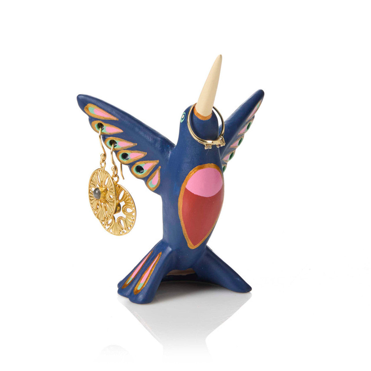 Decorative hummingbird-shaped ring holder with colorful design on a white background