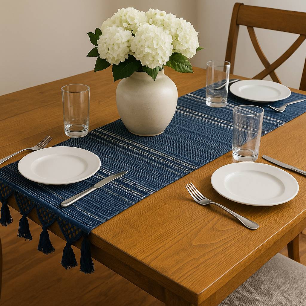 Dining table set with a navy blue woven table runner with decorative tassels, white plates, silverware, and a vase of white flowers.
