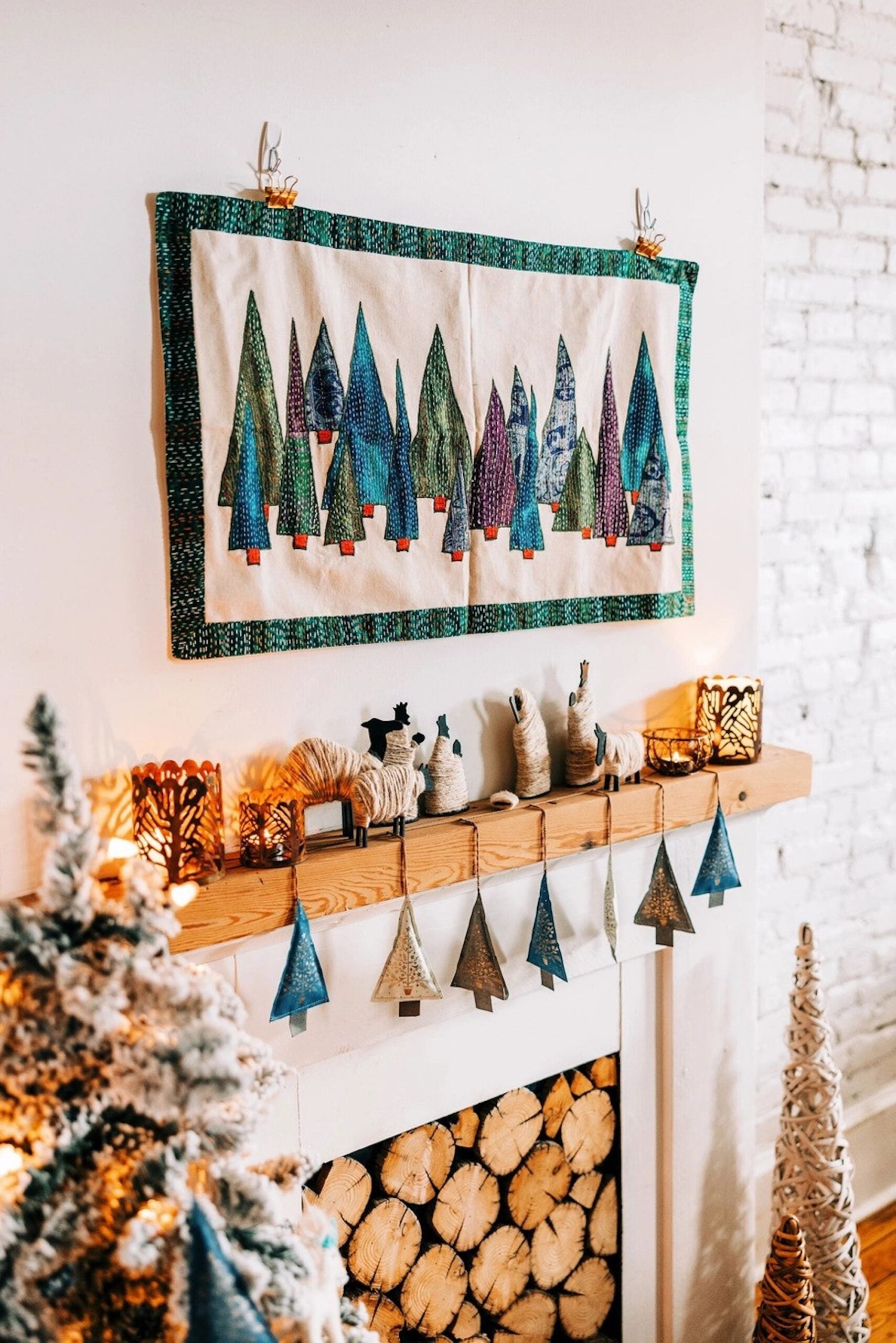 Kantha Forest Wall Hanging with 42" Bamboo Textile Hanger