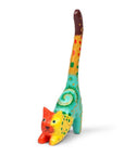A hand-carved and hand-painted wooden ring holder in the shape of a cat with colorful patterns.