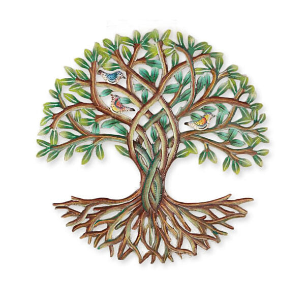 A metal wall art tree hand-cut and embossed from recycled oil drums displayed on a white background