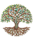 A metal wall art tree hand-cut and embossed from recycled oil drums displayed on a white background