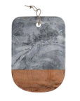 A rectangular oval-shaped serving board with a grey marble top and a babool wood bottom, featuring a jute cord looped through and knotted at the end