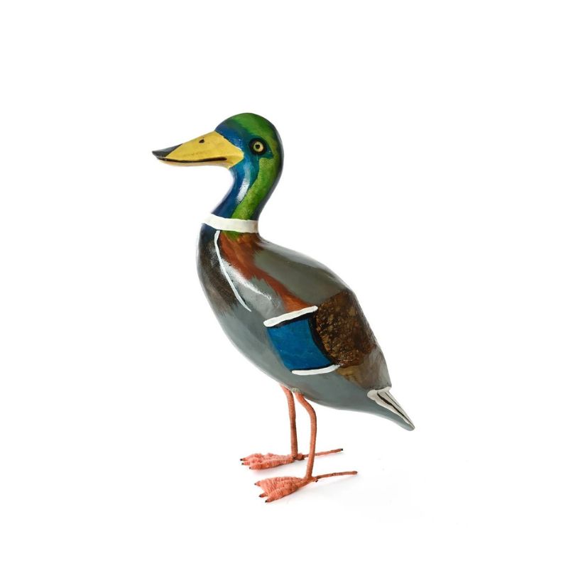 A handcrafted jacaranda wood mallard sculpture with wire legs, painted in natural colors.