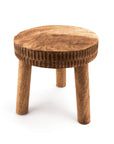 A brown mango wood plant stand with three removable legs, isolated on a white background