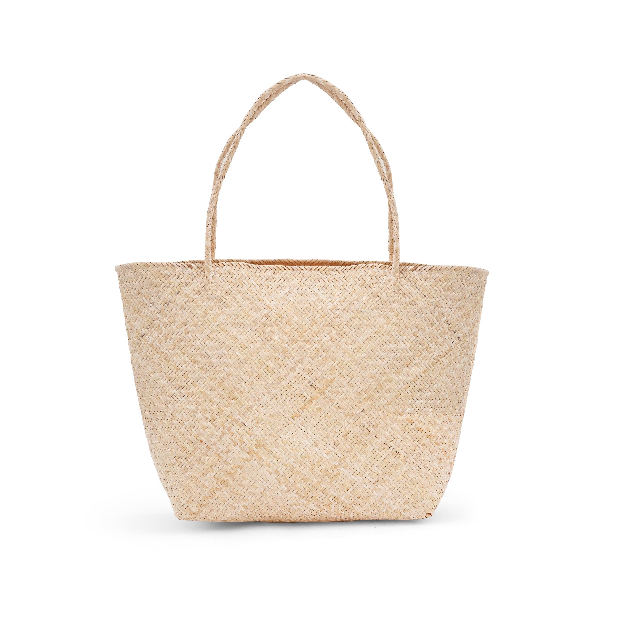 A beige rattan market tote bag with a shoulder strap.