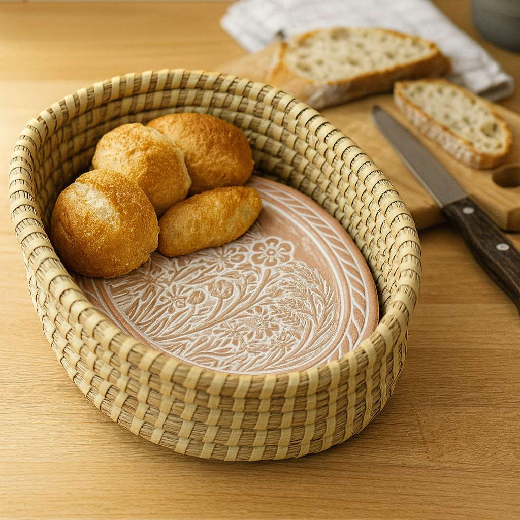 Woven bread basket with bread rolls on a wooden table