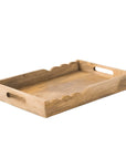 Wooden tray with scalloped edges on a white background