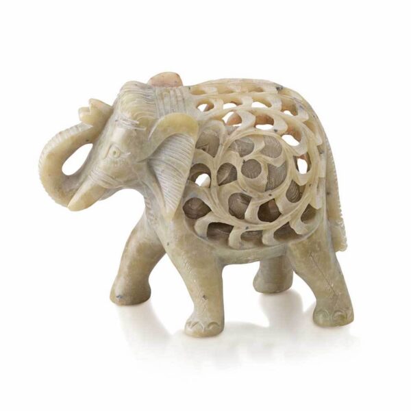 A small sculpture of a double-carved elephant made of gorara stone, with a raised trunk, representing good luck