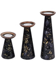 Moody Floral Mango Wood Pillar Candleholders – Set of 3