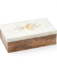 Wooden box with a white top and gold crescent moon design on a white background