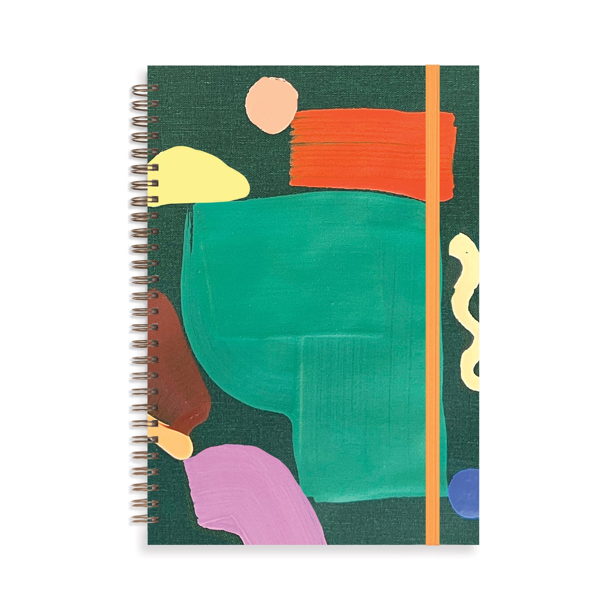Spiral-bound notebook with abstract colorful design on a green background