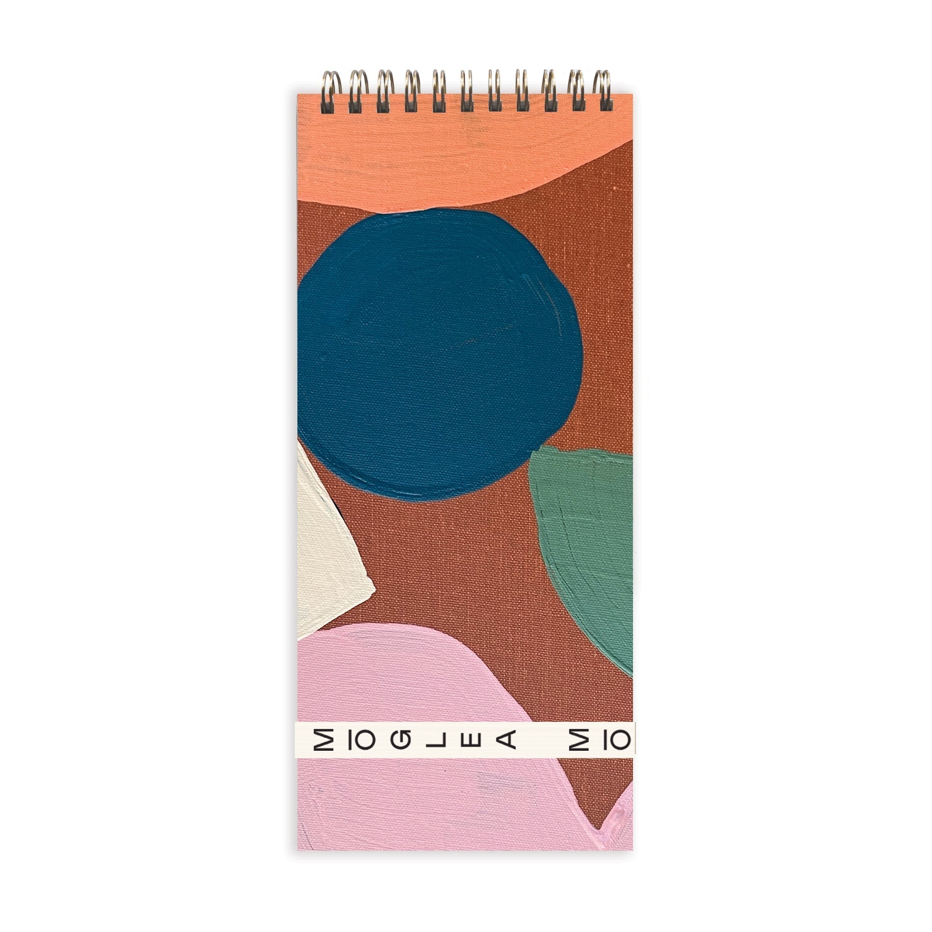 Notebook with abstract design and 'Moglea' branding on a white background