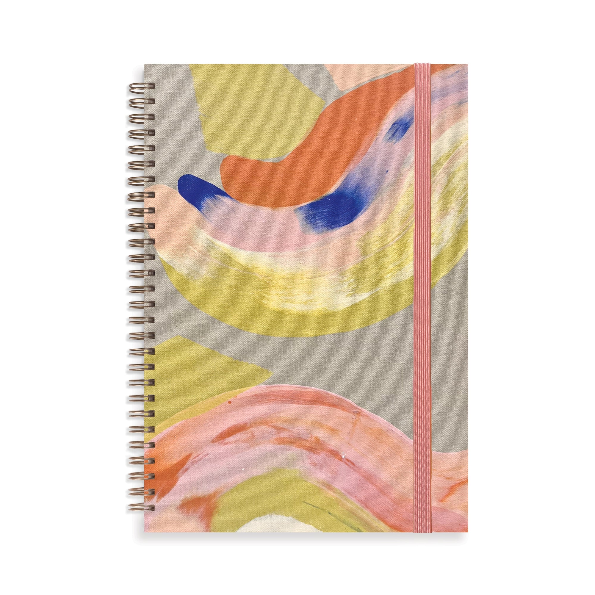 Spiral-bound notebook with abstract colorful design on a white background