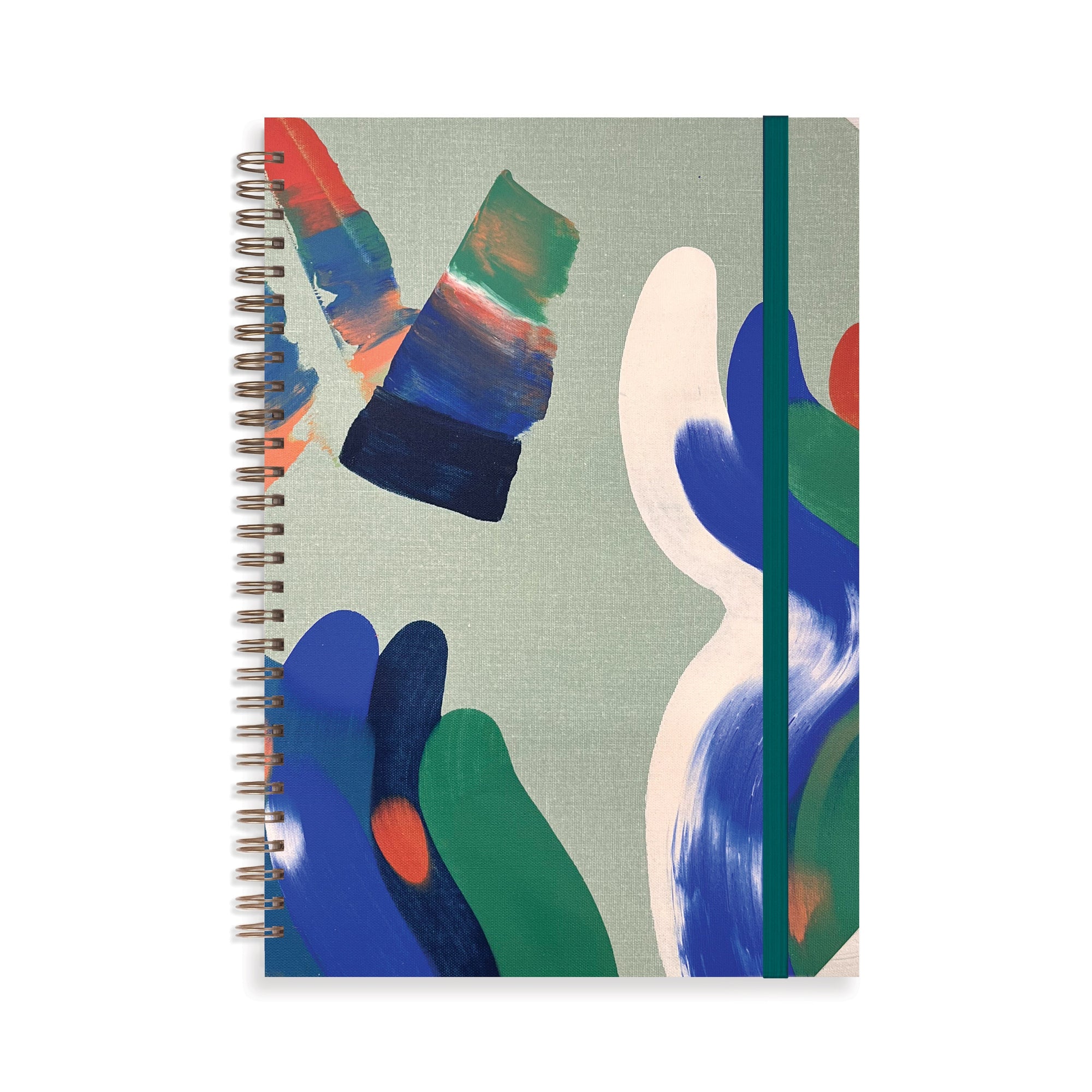 Spiral-bound notebook with abstract colorful design on a white background