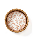 A terracotta bread warmer with an olive branch floral design, handmade from sustainable hogla grass, placed on a white background.