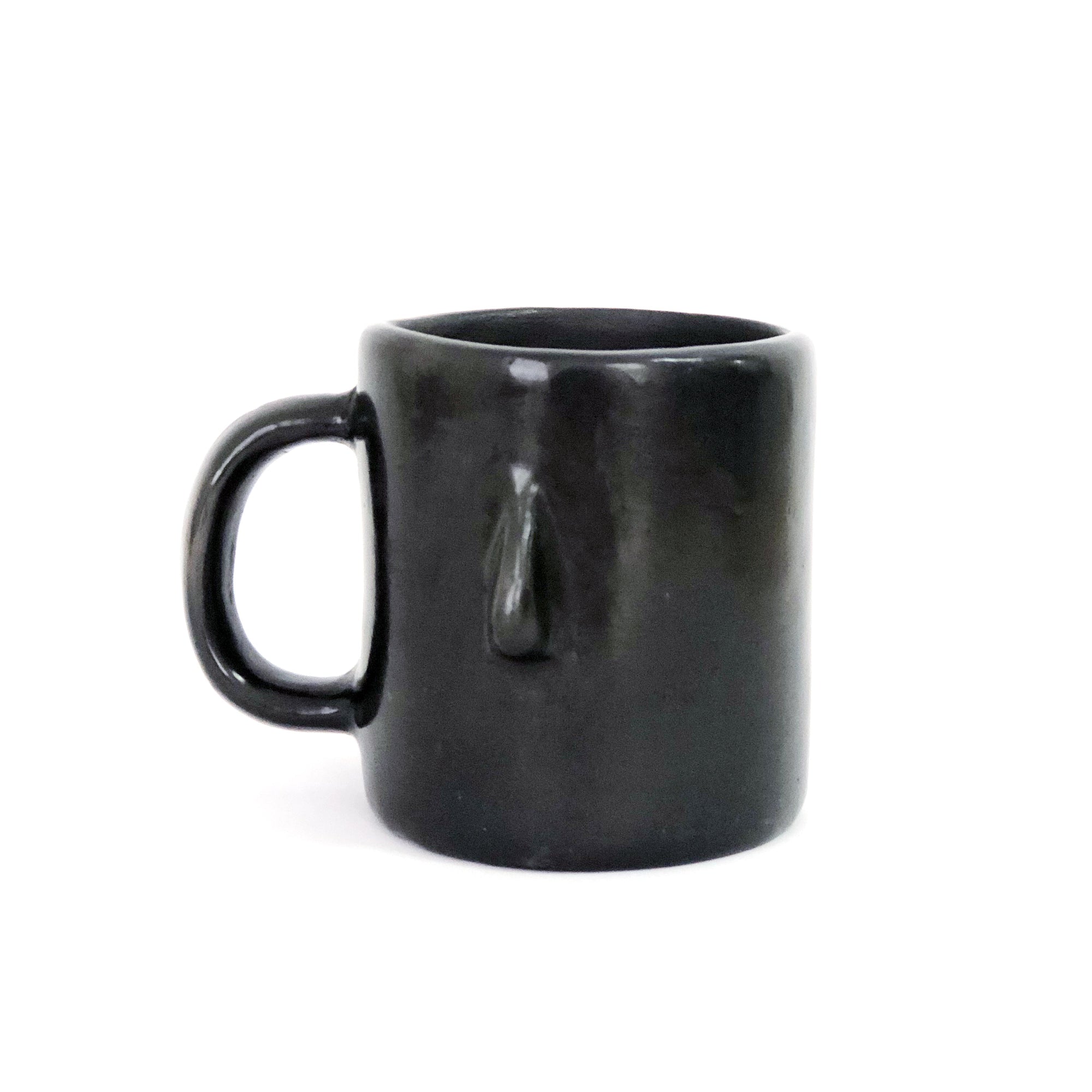 A black ceramic mug with a metallic finish and a handle on the left side, displayed against a white background