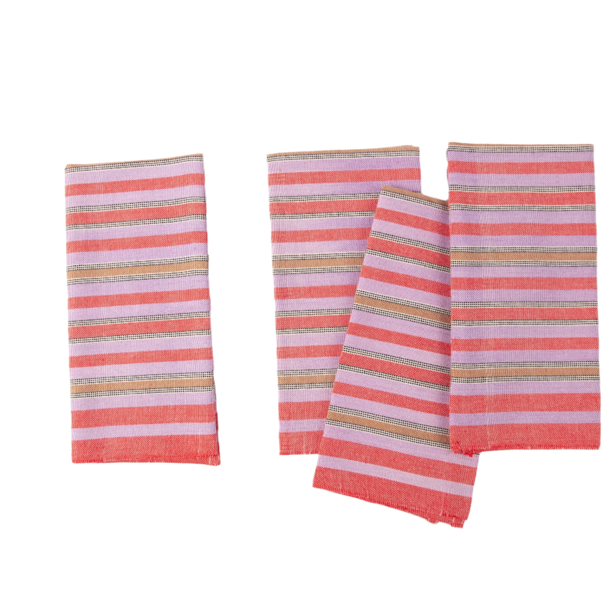 A set of four striped cotton napkins in pink and blue, handwoven and laid out flat