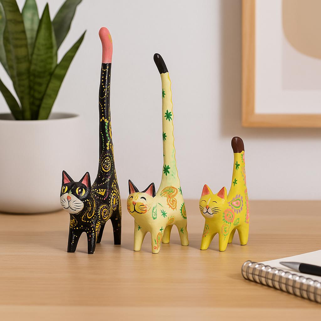 Colorful cat-shaped figurines on a wooden surface with a plant and notebook in the background