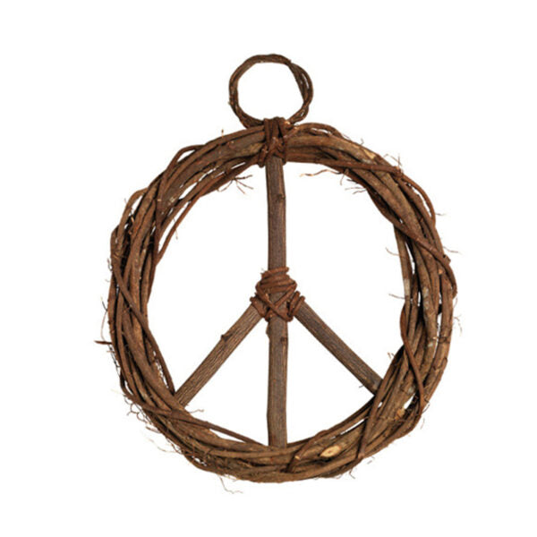 A round peace symbol wreath made from takip-asin wood and galtang vine, with a loop for hanging at the top