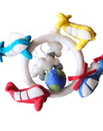 Colorful felt airplane mobile with clouds and a globe on a white background
