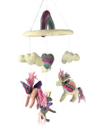 Children's mobile with unicorns, clouds, and a rainbow on a white background