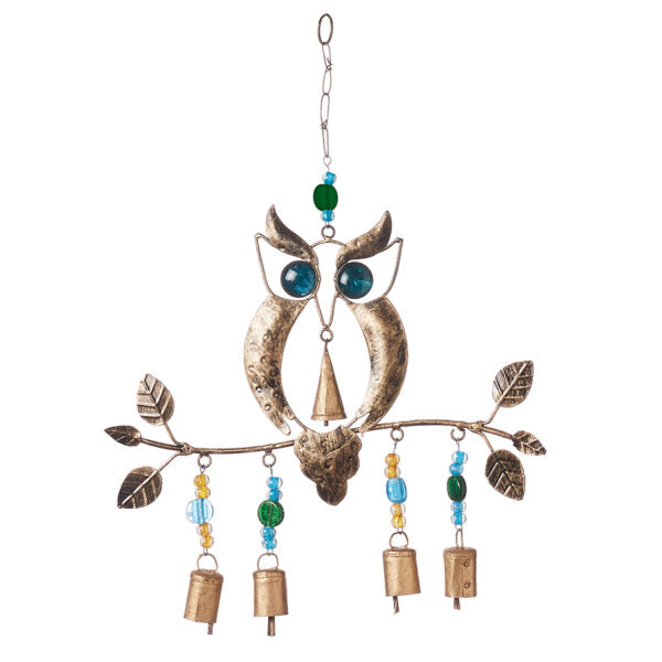 A bronze-colored iron owl wind chime with blue-glass eyes, brass branch, colorful glass beads, and small iron bells hanging from a chain