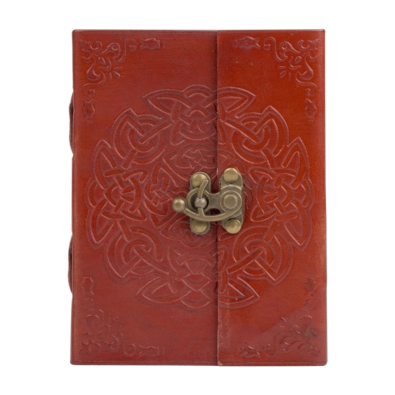 Red leather journal with an embossed endless knot design and a brass metal closure, shown closed on a light background.