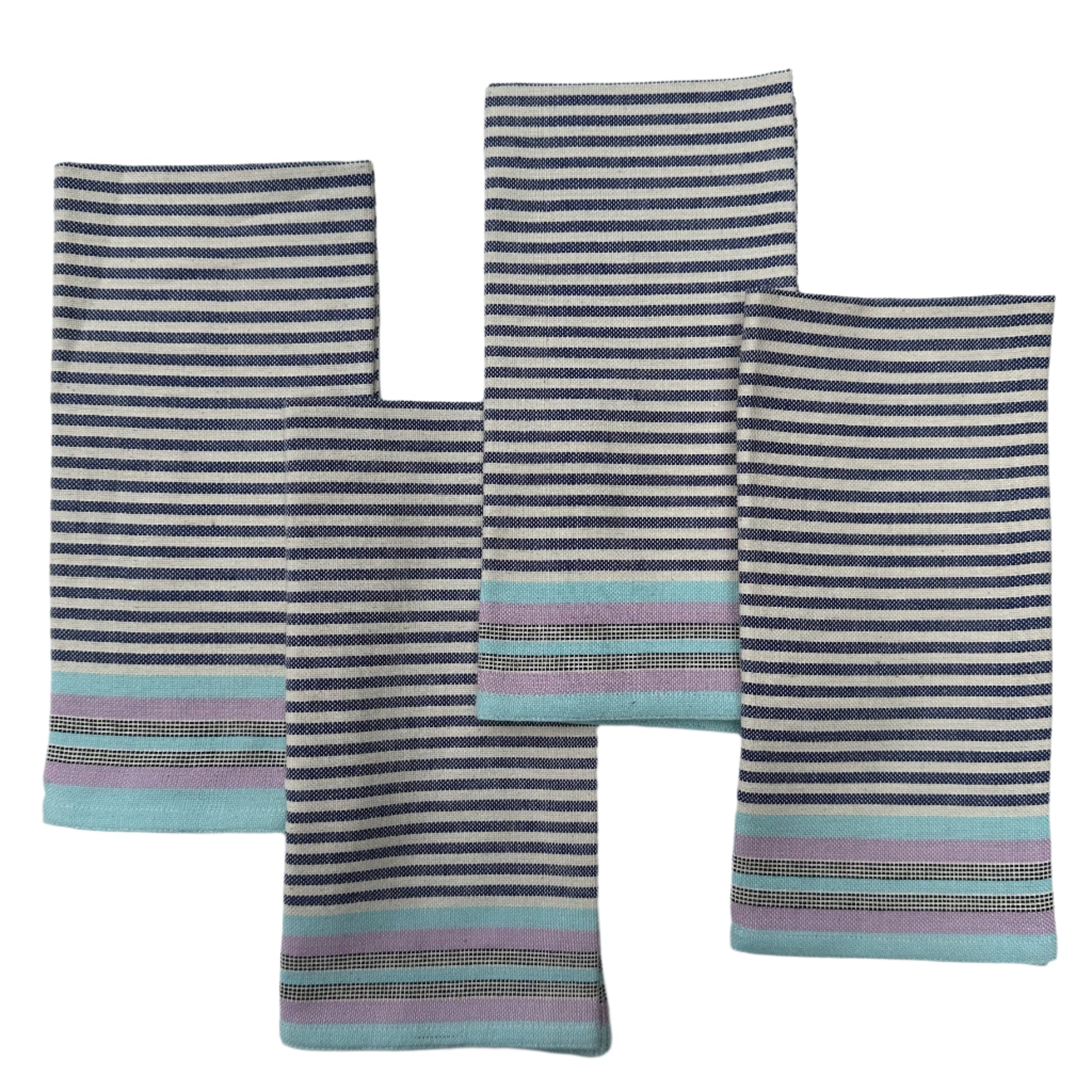 A set of four striped cotton napkins in shades of blue and gray, handwoven and laid out flat