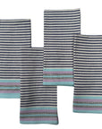 A set of four striped cotton napkins in shades of blue and gray, handwoven and laid out flat