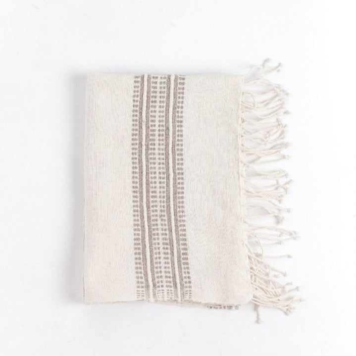 Beige towel with striped pattern and fringes on a white background