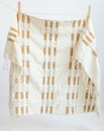 Plaid hand towel with fringe hanging on a clothesline against a white background