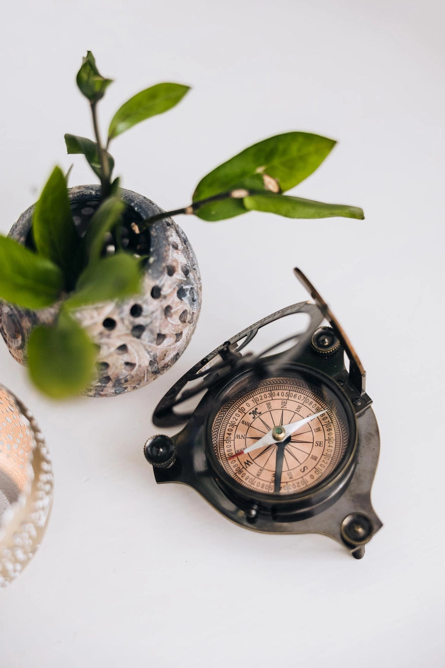 Vintage-style compass on a white surface with a plant in the background