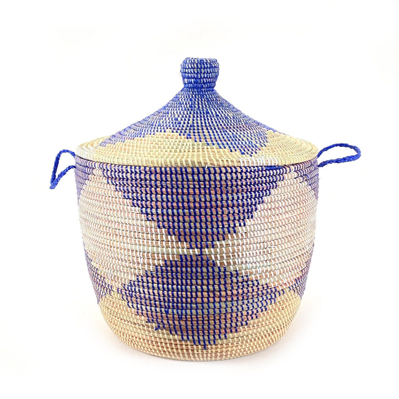 A Senegalese woven storage basket with a lid, featuring a natural and blue chevron pattern, with handles on the sides.