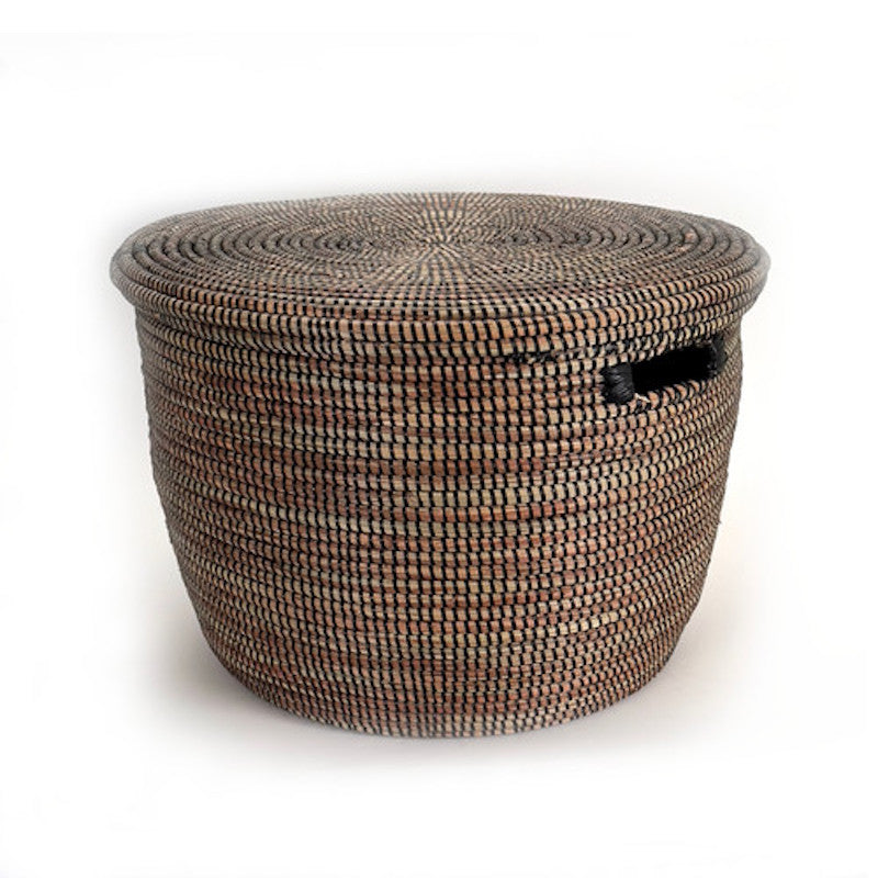Black striped lidded basket displayed against a white background