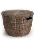 Black striped lidded basket displayed against a white background