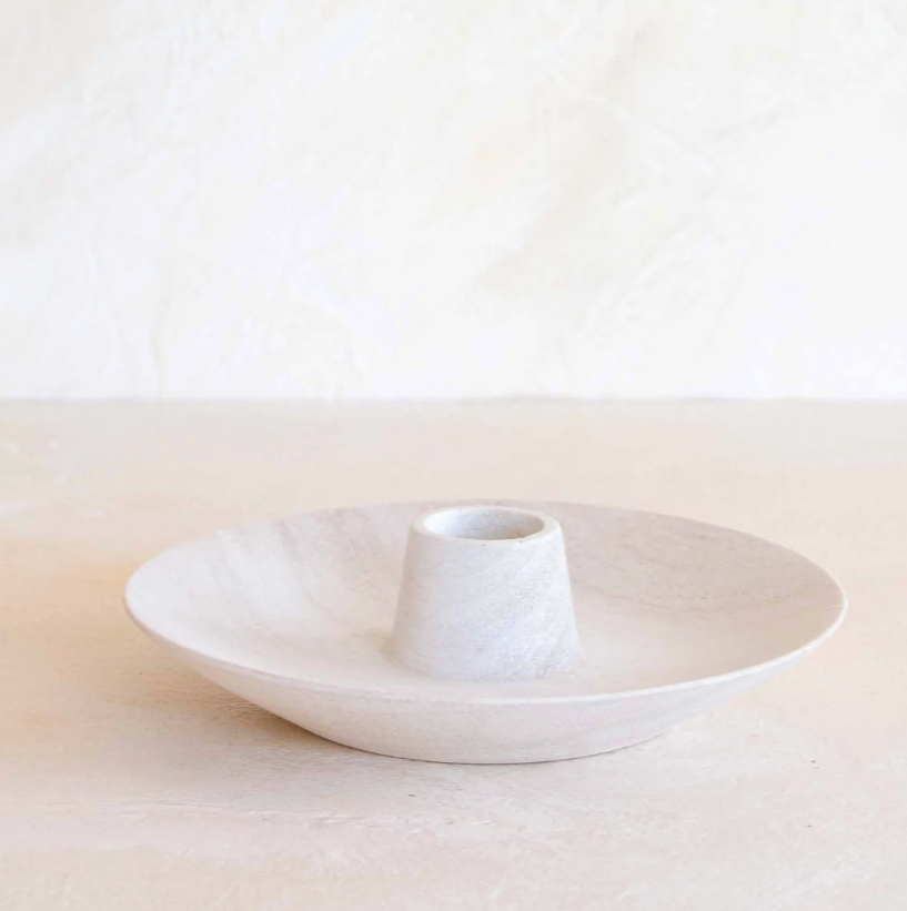 A blonde cedar round taper holder with a central cylindrical cut-out, displayed on a plain background.