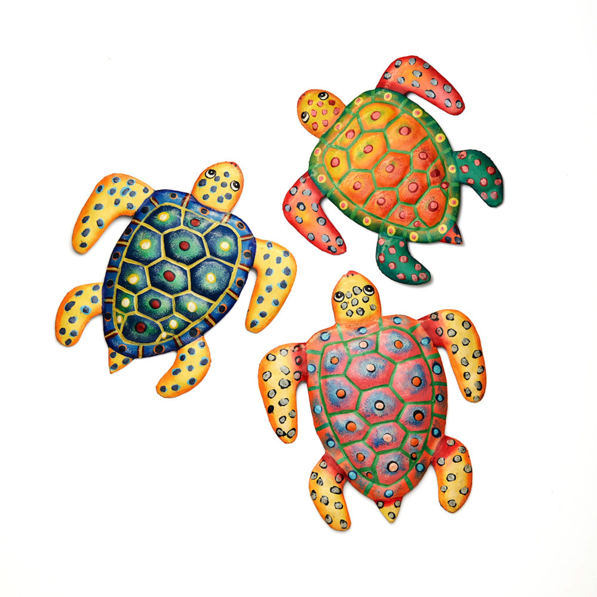 Set of three oil drum metal turtles designed to hang on a wall