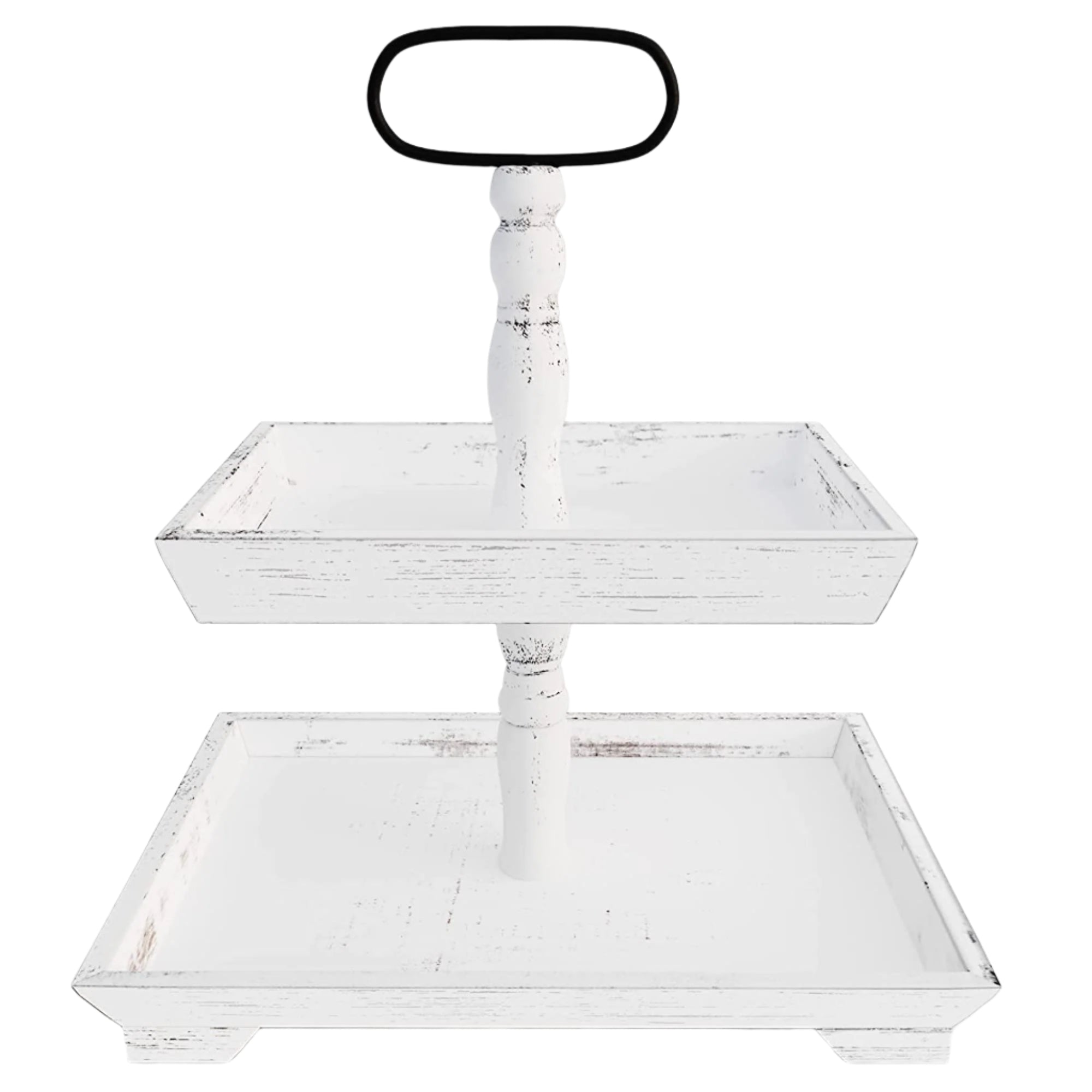 A two tiered rectangular wooden serving tray with a white finish and a central handle.