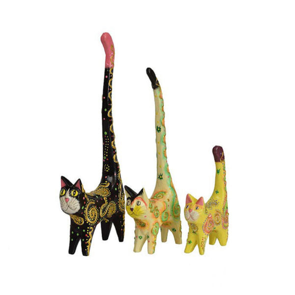 A set of three hand-painted wooden cat figurines in varying colors, with long tails and distinctive patterns on their bodies