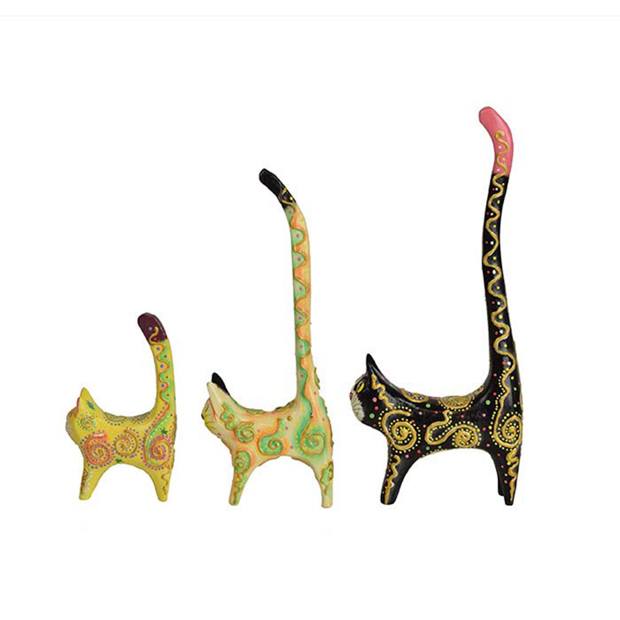 Colorful Hand-Carved Cat Figurines – Set of 3