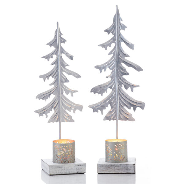 Partially-recycled metal pine in the shape of a tree on whitewashed wooden bases with a small die-cut lantern