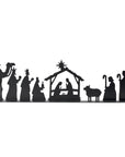 A silhouette nativity scene featuring figures of the Holy Family, along with the stable and shepherds, crafted from iron
