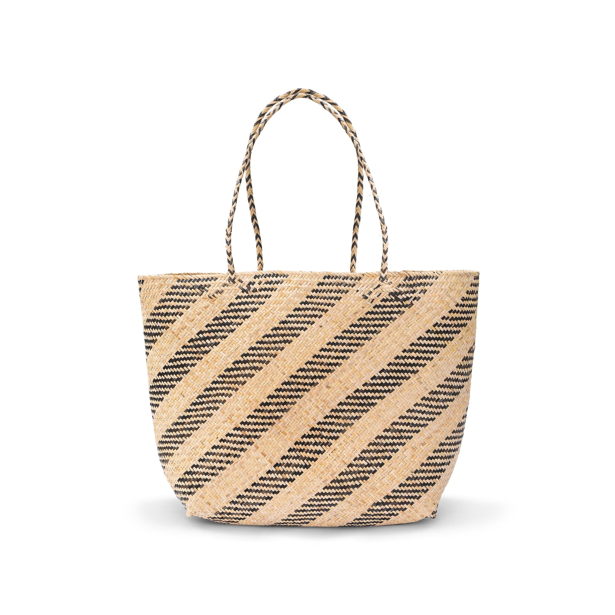 A natural rattan market tote with a geometric pattern and twin handles.