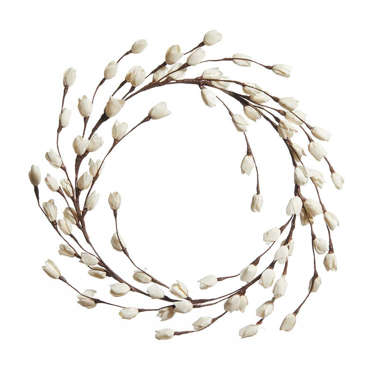 A round sola wreath made of eco-friendly material, with flexible wire stems and numerous artificial rosebuds