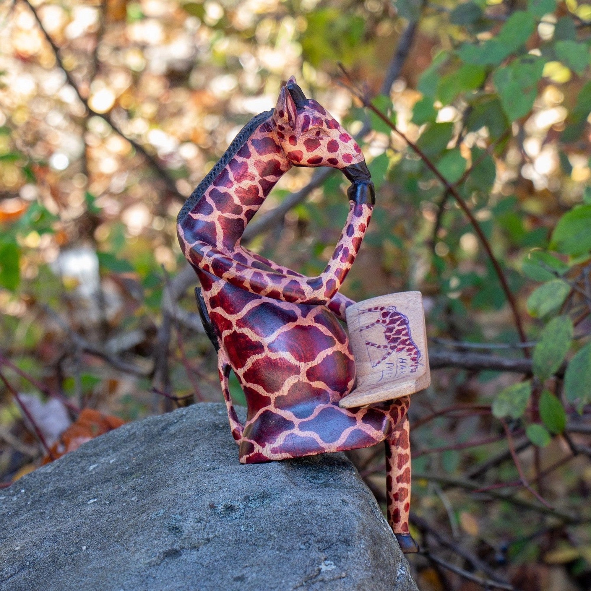 Giraffe figurine sitting cross-legged outside on a rock and reading a book